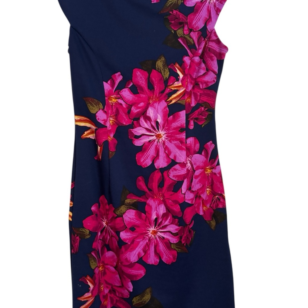 Navy with Vibrant Pink Floral Midi Dress